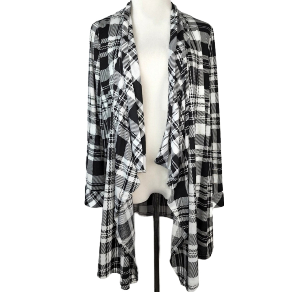 Black and White Plaid Draped Women's Sweater Cardigan